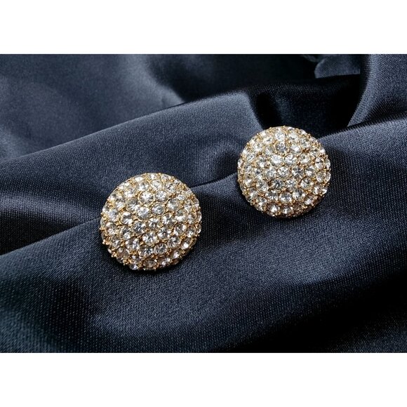 Rare Find Vintage 1980s Nina Ricci Gold-Tone Crystal Pave Round Clip-On Earrings - Picture 1 of 3